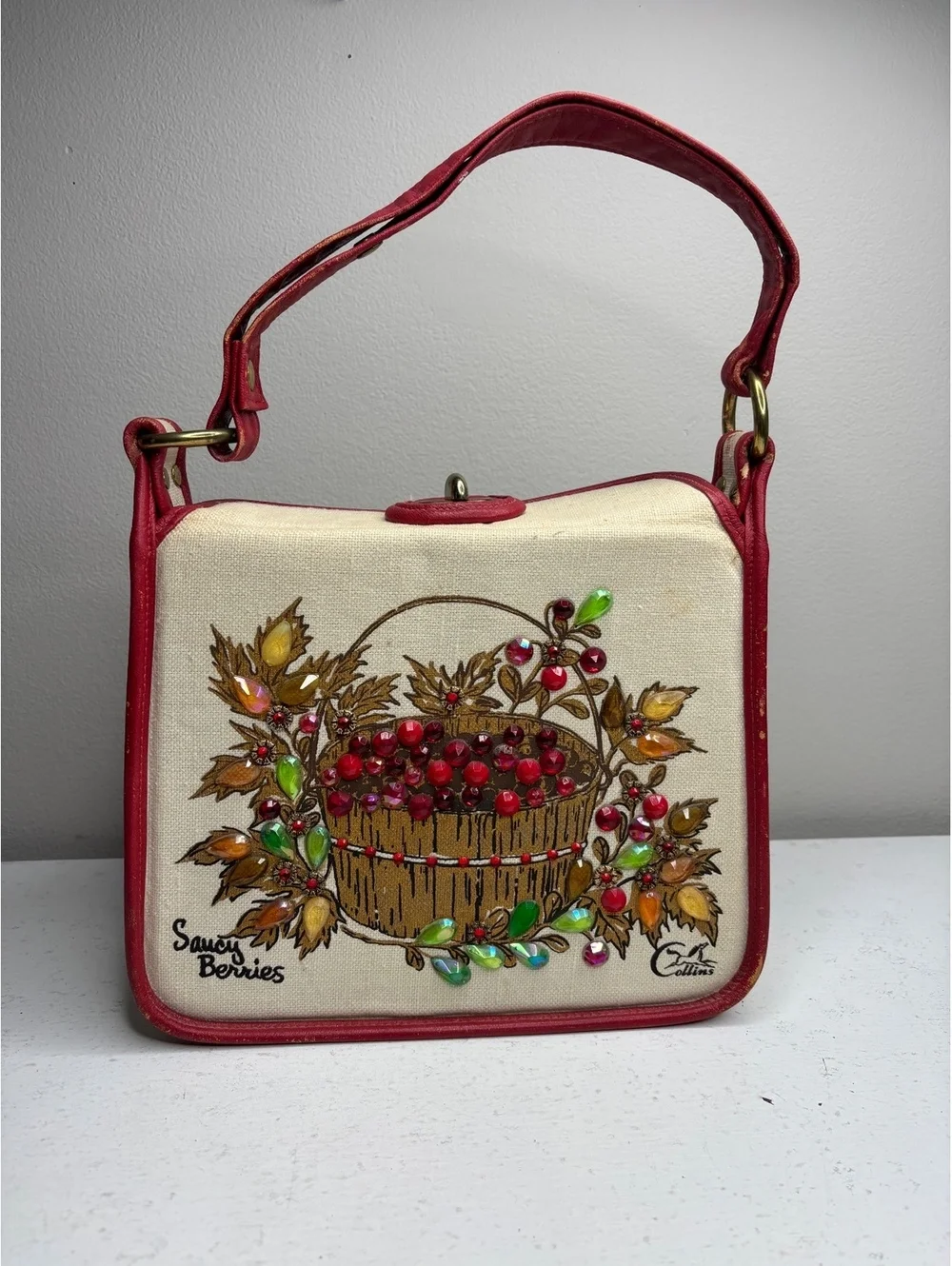 Vintage Enid Collins of Texas Saucy Berries Jeweled Canvas Handbag
